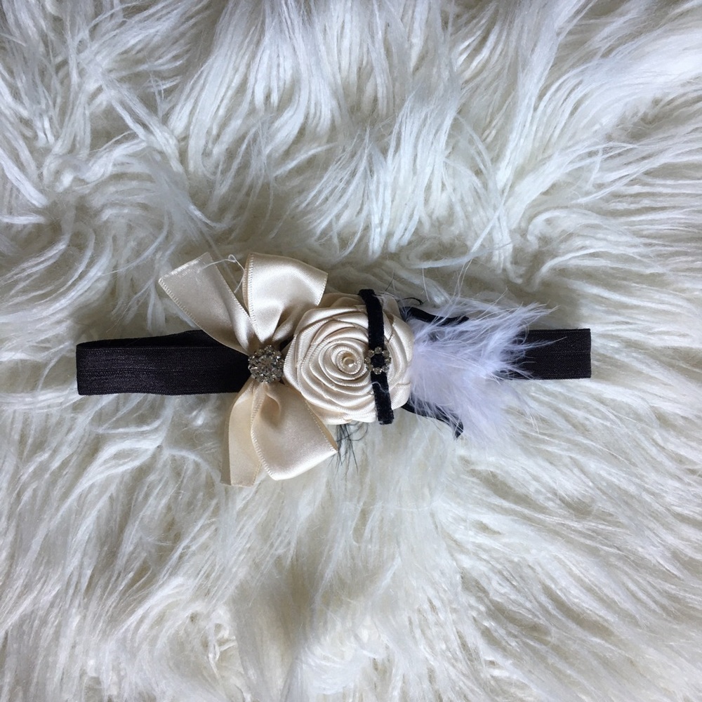 Beige and Black Satin Rose Feather Baby Headband